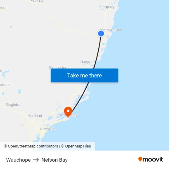 Wauchope to Nelson Bay map