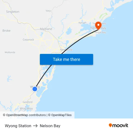 Wyong Station to Nelson Bay map