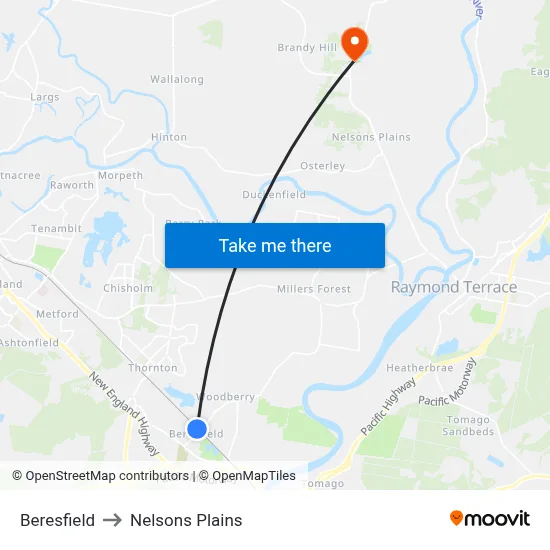 Beresfield to Nelsons Plains map