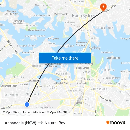 Annandale (NSW) to Neutral Bay map