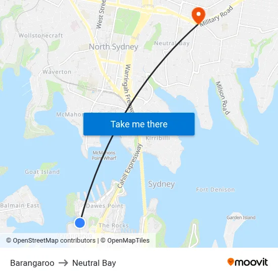 Barangaroo to Neutral Bay map