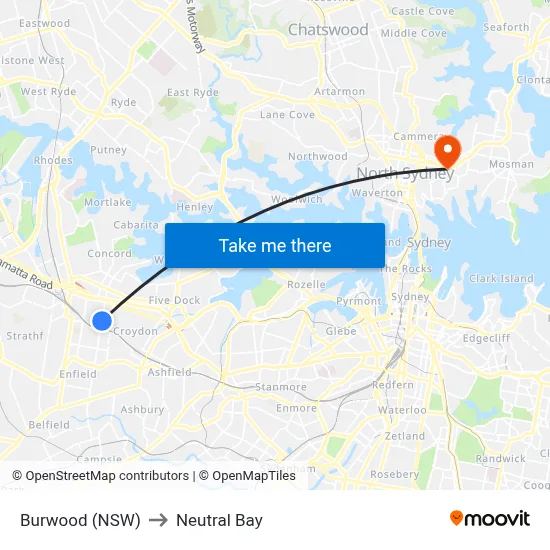 Burwood (NSW) to Neutral Bay map