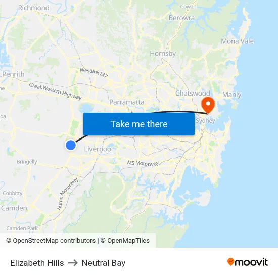 Elizabeth Hills to Neutral Bay map