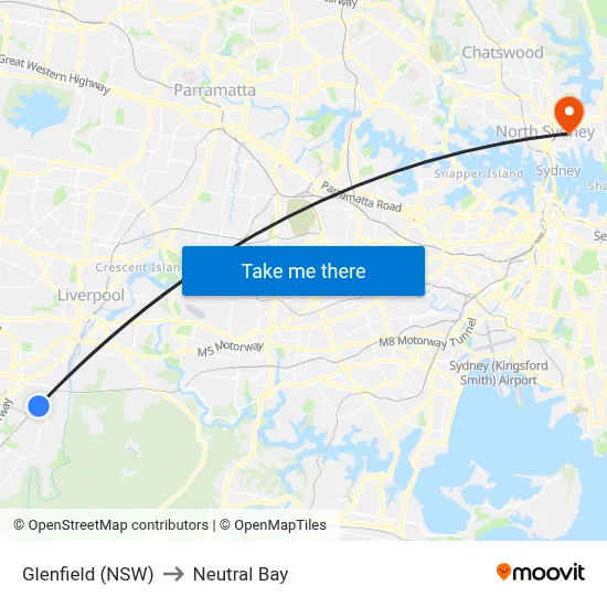 Glenfield (NSW) to Neutral Bay map