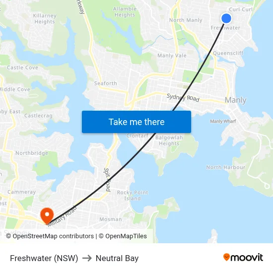 Freshwater (NSW) to Neutral Bay map