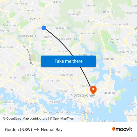 Gordon (NSW) to Neutral Bay map
