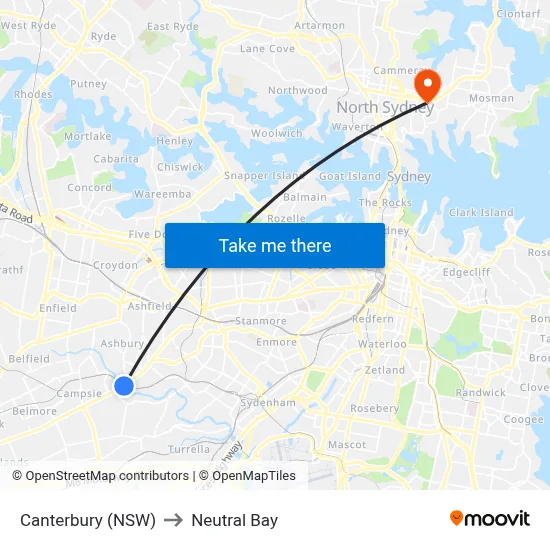 Canterbury (NSW) to Neutral Bay map