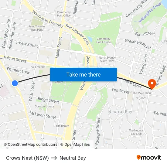 Crows Nest (NSW) to Neutral Bay map
