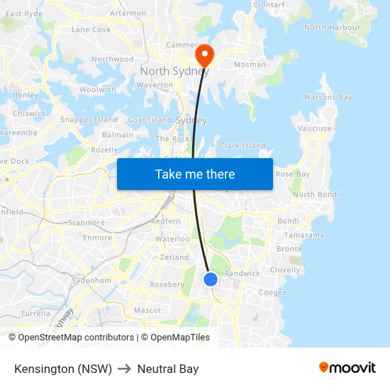 Kensington (NSW) to Neutral Bay map