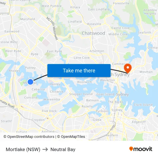 Mortlake (NSW) to Neutral Bay map
