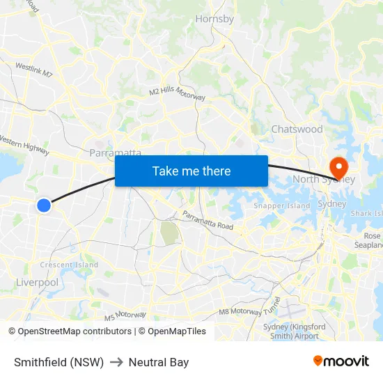 Smithfield (NSW) to Neutral Bay map