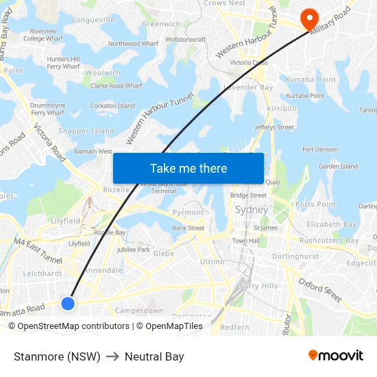 Stanmore (NSW) to Neutral Bay map