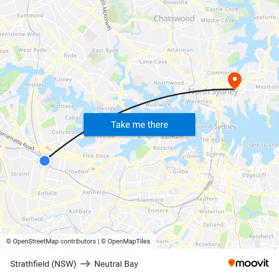 Strathfield (NSW) to Neutral Bay map