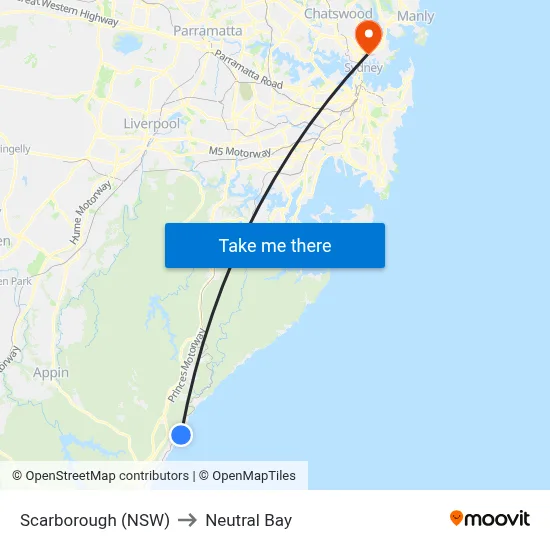 Scarborough (NSW) to Neutral Bay map