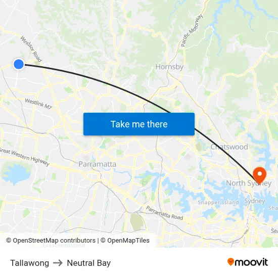 Tallawong to Neutral Bay map