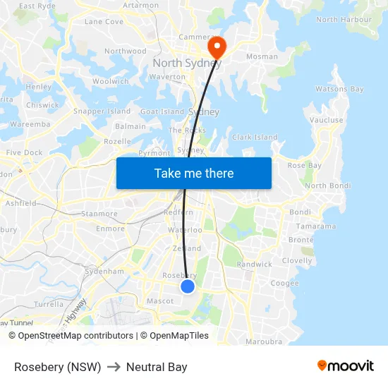 Rosebery (NSW) to Neutral Bay map