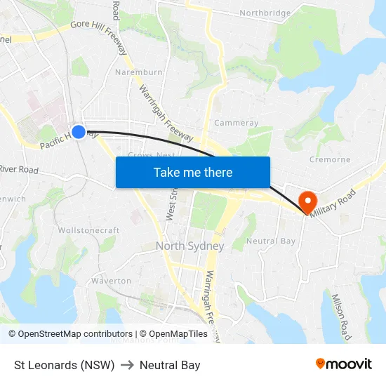 St Leonards (NSW) to Neutral Bay map