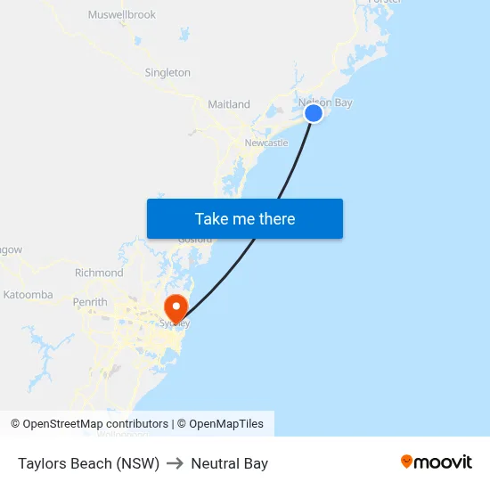 Taylors Beach (NSW) to Neutral Bay map