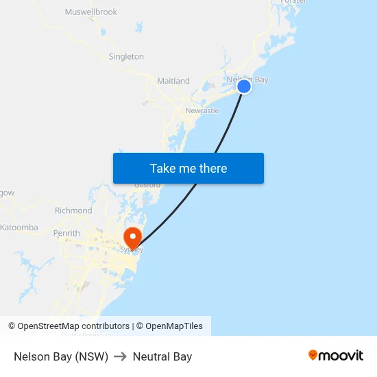 Nelson Bay (NSW) to Neutral Bay map