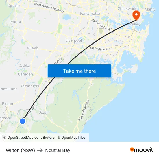 Wilton (NSW) to Neutral Bay map