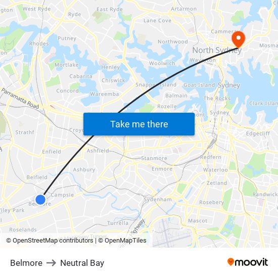 Belmore to Neutral Bay map