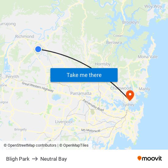 Bligh Park to Neutral Bay map