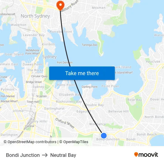 Bondi Junction to Neutral Bay map