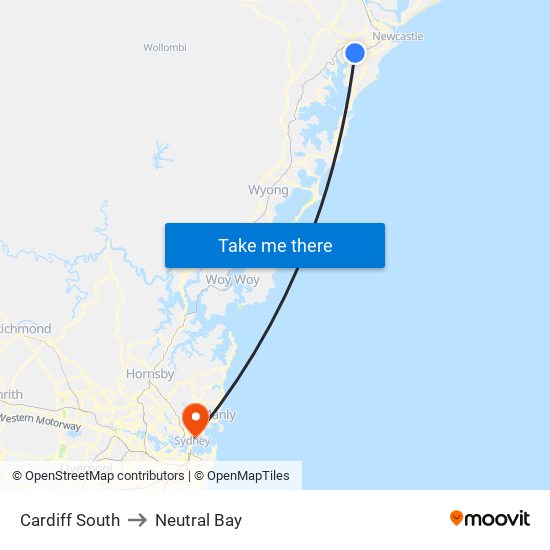 Cardiff South to Neutral Bay map