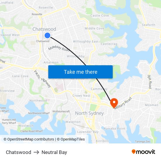 Chatswood to Neutral Bay map