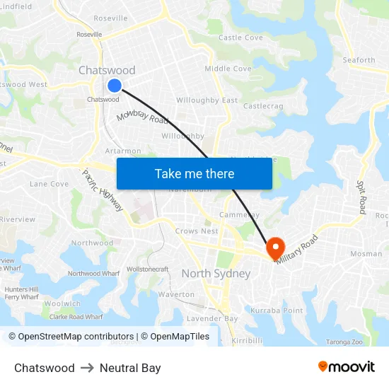 Chatswood to Neutral Bay map