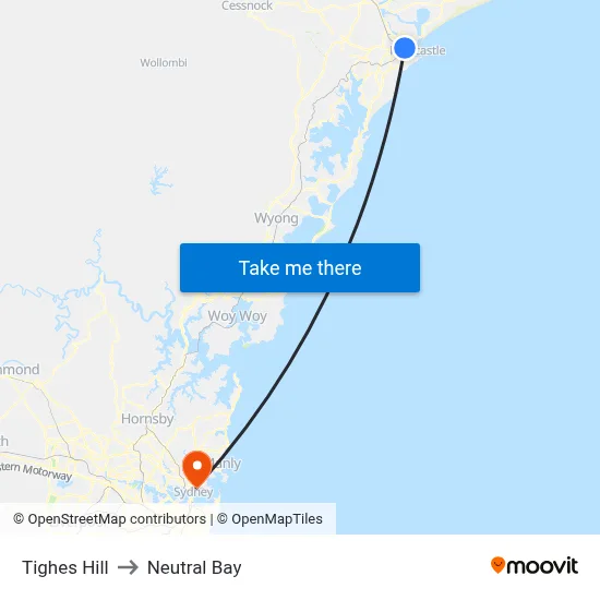 Tighes Hill to Neutral Bay map