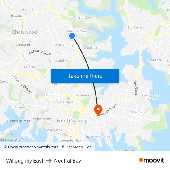 Willoughby East to Neutral Bay map