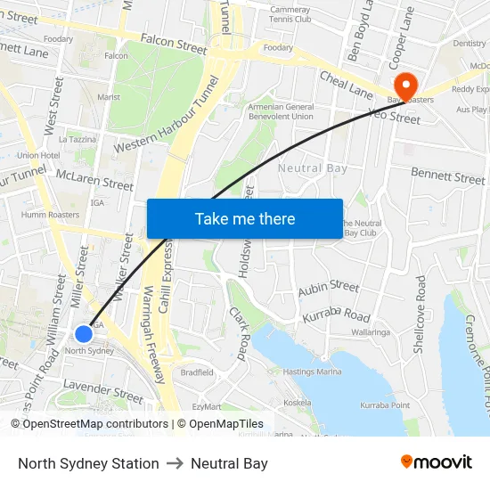 North Sydney Station to Neutral Bay map