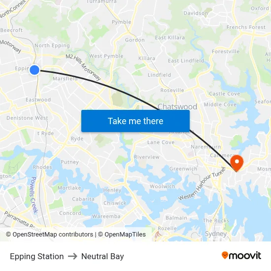 Epping Station to Neutral Bay map