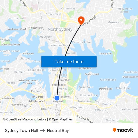 Sydney Town Hall to Neutral Bay map