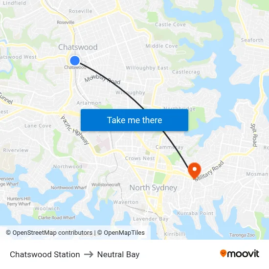 Chatswood Station to Neutral Bay map