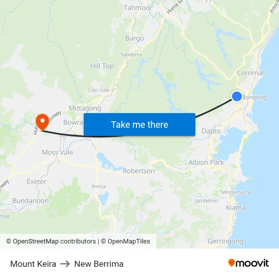 Mount Keira to New Berrima map