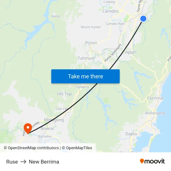 Ruse to New Berrima map