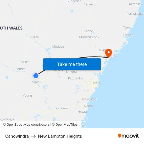 Canowindra to New Lambton Heights map