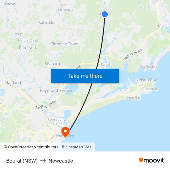 Booral (NSW) to Newcastle map