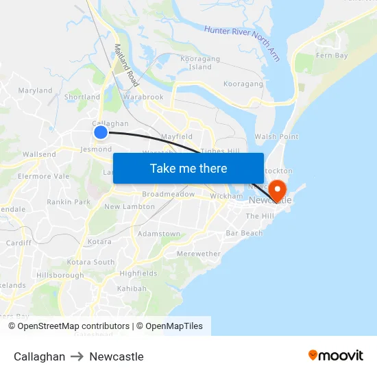 Callaghan to Newcastle map