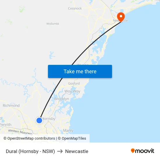 Dural (Hornsby - NSW) to Newcastle map