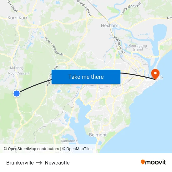 Brunkerville to Newcastle map
