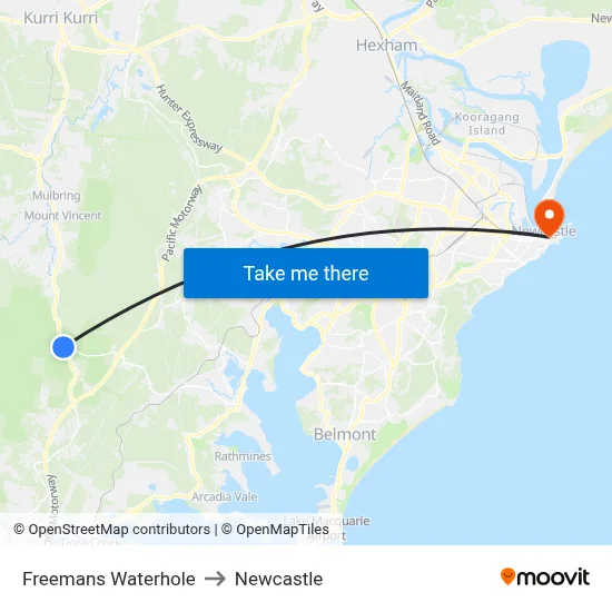 Freemans Waterhole to Newcastle map