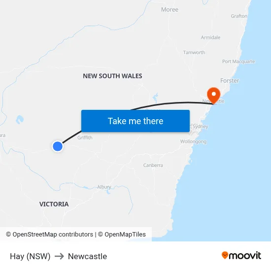 Hay (NSW) to Newcastle map