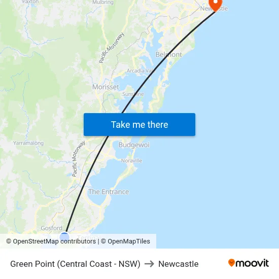 Green Point (Central Coast - NSW) to Newcastle map