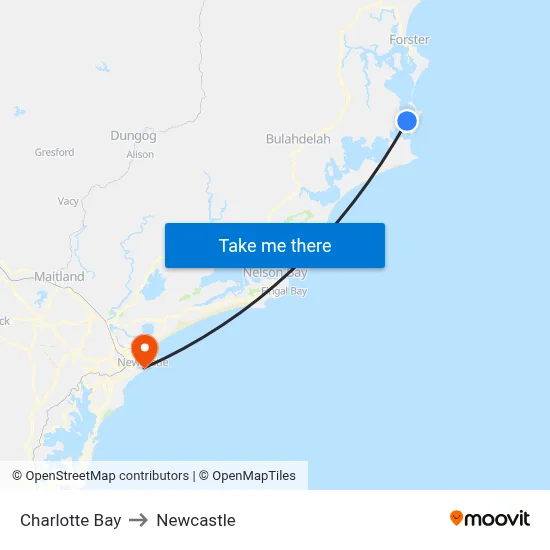 Charlotte Bay to Newcastle map