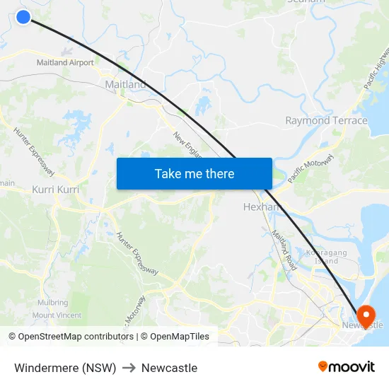 Windermere (NSW) to Newcastle map