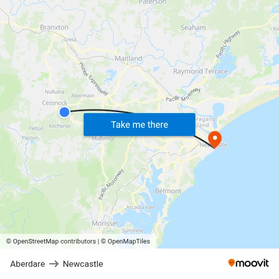 Aberdare to Newcastle map