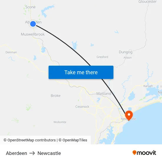 Aberdeen to Newcastle map